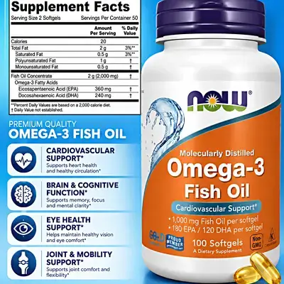 NOW Supplements, Omega 3, 180 EPA / 120 DHA, Molecularly Distilled, Cardiovascular Support, fish oil, Brain, Eyes, Joints and Mobility, 100 Softgels Omega 3 