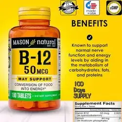 Vitamin B12 50 mcg, with Calcium, 100 Day Supply, Supports Natural Energy Levels, helps convert food into energy, metabolism of Carbs & Fats & Proteins, 100 Tablets B12