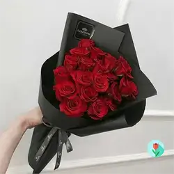Bouquet Of Red Damask Flowers With Black Wrapping, 20 Flowers