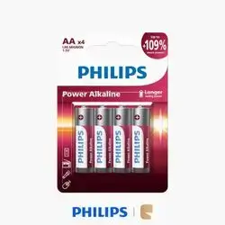 Philips Power Alkaline AA Cylindrical Batteries 1.5V High-Performance Battery Pack - 4 Pack