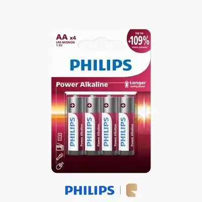 Philips Power Alkaline AA Cylindrical Batteries 1.5V High-Performance Battery Pack - 4 Pack