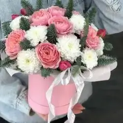 Box Of Pink Roses & White Flowers
