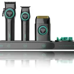 VGR 3 in 1 Professional Barber Clippers Set of Hair Clipper Trimmer Foil Shaver, Cordless Haircut Kit with Upgraded Powerful Motor, Integrated Charging Station, LED Display, Storage Box, Black
