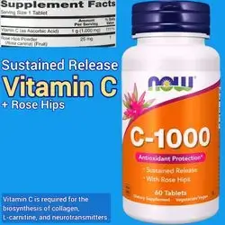 Now Supplements, Vitamin C, 1000mg, with Rose Hips, Sustained Release, Antioxidant Protection, Immunity, collagen synthesis, 60 Tablets Vitamin C