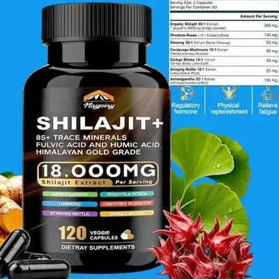 Himalayan Organic Shilajit, for Men and Women, with Ashwagandha, Ginseng, Rhodiola Rosea, Ginkgo Biloba, Fulvic Acid & More Trace Minerals, Shilajit, 18000mg, 120 Caps Shilajit 