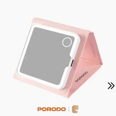 Porodo Lily LED Portable Tri-Fold Makeup Mirror Dimmable Studio Lighting & Rechargeable Battery - Pink
