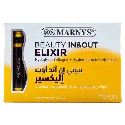 Beauty In & Out Elixir Hydrolyzed Collagen+ Hyaluronic Acid + Vitamins 14 Vials×25ml _ MARNYS