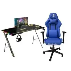 GAMING TABLE A SHAPED AGGT 140CM + Playstation Gaming Chair With Foot Rest (Blue) F-076A