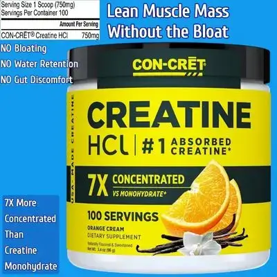 CON-CRET, Creatine HCl Powder, Creatine HCl, Women and Men, Orange Flavor, 100 Servings, No Bloating or Water Retention, Muscle, Strength & Cognitive Support, USA Made, Creatine Hydrochloride, 90g Creatine HCl 