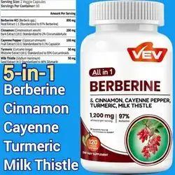 Berberine, Turmeric, Milk Thistle, Cayenne Pepper, Cinnamon, 5 in 1, Metabolism Booster, Fat loss, Detox, Liver, Joints, Digestive Health, Blood sugar, AMPK Activator, 120 caps Berberine