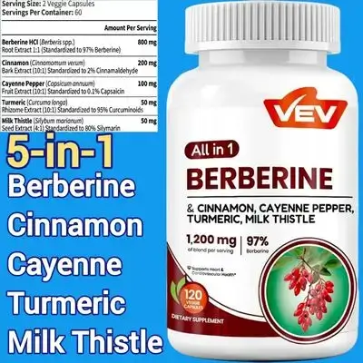 Berberine, Turmeric, Milk Thistle, Cayenne Pepper, Cinnamon, 5 in 1, Metabolism Booster, Fat loss, Detox, Liver, Joints, Digestive Health, Blood sugar, AMPK Activator, 120 caps Berberine 