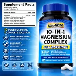 10 in 1 Magnesium Complex, 420mg Magnesium, Max Absorption, Chelated Magnesium Supplement, for Nerves, Bone & Heart Health, magnesium glycinate, magnesium malate, magnesium citrate, orotate, Taurate, 120 Capsule magnesium Complex