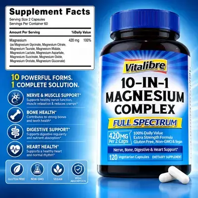 10 in 1 Magnesium Complex, 420mg Magnesium, Max Absorption, Chelated Magnesium Supplement, for Nerves, Bone & Heart Health, magnesium glycinate, magnesium malate, magnesium citrate,  orotate,  Taurate, 120 Capsule magnesium Complex 