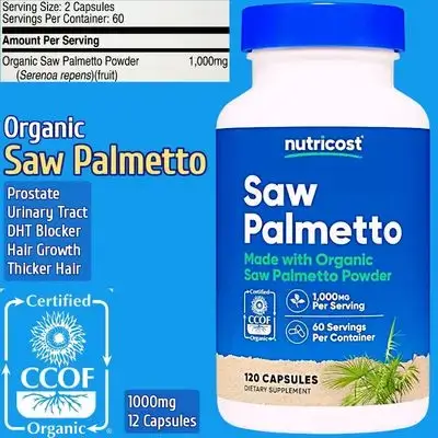 Nutricost, Saw Palmetto, 1000mg, CCOF Organic, 500mg Per Capsule, DHT Blocker, Hair Growth, Hair loss reduction, thicker hair, Prostate, Urinary Tract, 120 Capsules Saw Palmetto 