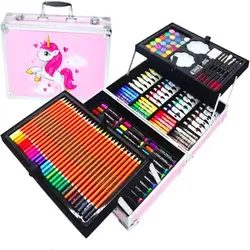 FEELHIGH 145 Piece Art Color Set - Multi-Set, Professional Colored Pencils for Drawing, Oil Pastels, Sketches, Watercolors, Kids Coloring Set in Aluminum Box (Yunocare Pink)