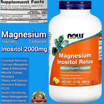 NOW Foods Supplements, Magnesium Carbonate 1660mg, Inositol 2000mg, Nervous System, Stress and Cortisol, Sleep, Insulin Resistance, weight management, PCOS, Hormone Balance, Calcium Absorption, Magnesium, Fizzy Lemonade Flavor, 454g inositol 