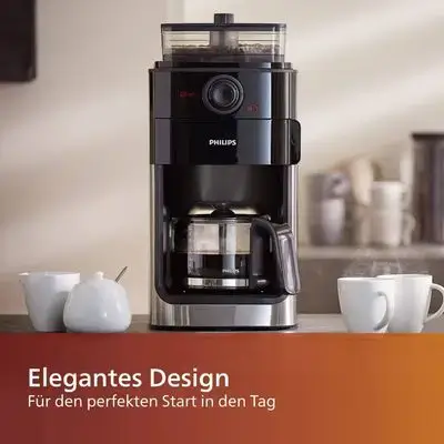 Philips Filter Coffee Machine with Grain Grinder - 1.2L Glass Jug, Up to 12 Cups, Black/Metal (HD7767/00)