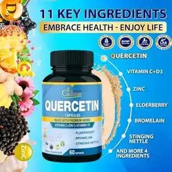 11 in 1 Key Nutrients, Quercetin, Quercetin extract for Immune System, Combined with Elderberry, Bromelain, Ginger, Echinacea & Nettle, Zinc Picolinate, Vitamin C, Garlic Bulb, 60 caps Quercetin