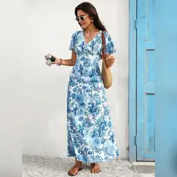 Vivid Eden Women's Floral V-Neck Short Sleeve Fitted Long Dress - XL
