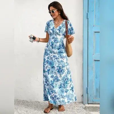 Vivid Eden Women's Floral V-Neck Short Sleeve Fitted Long Dress - XL