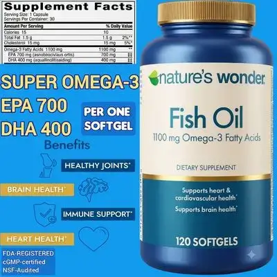 Omega 3,Fish Oil, 1100mg Omega-3, Superior EPA 700mg & DHA 400mg, omega3, EPA & DHA for Healthy Joints, Heart, Immune System, Eyes, Inflammation, Blood Flow, Skin, 120 Softgels Omega 3 