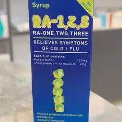 ra-1,2,3 relieves symptoms of cold/flu each 5ml contain ; paracetamol 120mg , chlorpheniramine maleate 2mg 100ml
