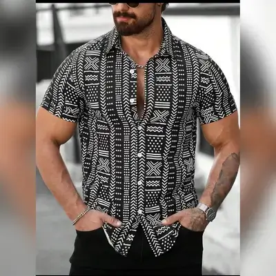 Men's Casual Floral Retro Print Short Sleeve Polo Shirt - Large