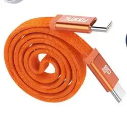 Flat braided cable with metal head, 1.2 meters long, Orange color (PD60W) type-c to type-c