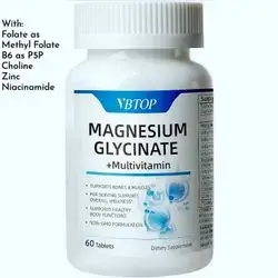 Magnesium Glycinate 125 mg, with B-Complex, Folate, Choline, Zinc, 10 in 1 multivitamin, for Men & Women, Helps Sleep, Calmness, Nerve, Muscle and Bone Health, Promotes Metabolism,b 12, 60 Tablets, magnesium glycinate, b12