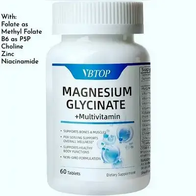 Magnesium Glycinate 125 mg, with B-Complex, Folate, Choline, Zinc, 10 in 1 multivitamin, for Men & Women, Helps Sleep, Calmness, Nerve, Muscle and Bone Health, Promotes Metabolism,b 12, 60 Tablets, magnesium glycinate, b12