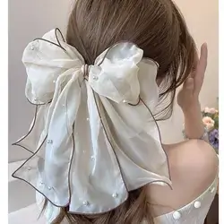 Large Pearl Ribbon Bow Hair Clip