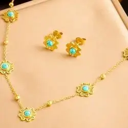 1set Vintage Plated Gold Turquoise Flower Pendant