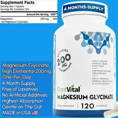 Magnesium Glycinate, 200mg Elemental Magnesium, High Absorption, Gentle On the Stomach, Free of Laxative Effects, Restful Sleep, Muscle & Nerve Function, Bone Health, Feel Calm & Relax, Gluten free, 120 Capsules Magnesium Glycinate