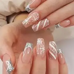 24PcsChristmas Press on Nails Medium Square Fake Nails Snowflakes Glitter