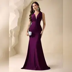 Coutiva Deep V Neck Ruched Fishtail Evening Gown Party Dress- large