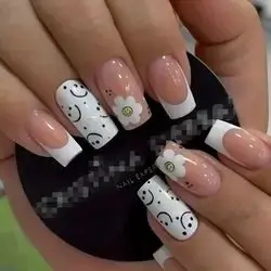 24 Medium Square French Tip Flowers Smiley Faces Press On False Nails