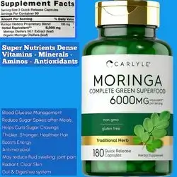 Moringa, 6000 mg, Moringa Oleifera, Moringa Leaf Extract, Superfood, Energy, Vitality & Antioxidant Support, Immune, Joint, digestion, Bone, Skin, Acne, Hair Growth and Thickness, 180 Caps moringa