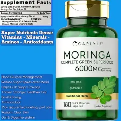 Moringa, 6000 mg, Moringa Oleifera, Moringa Leaf Extract, Superfood, Energy, Vitality & Antioxidant Support, Immune, Joint, digestion, Bone, Skin, Acne, Hair Growth and Thickness, 180 Caps moringa