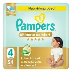 Pampers Ultimate Comfort Taped Diapers, Size 4, 9-14kg, Lotion infused with Aloe Vera and Vitamin E, Mega Pack, 54 Diapers 