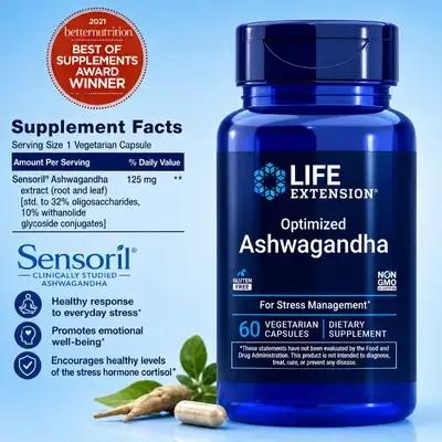 Ashwagandha, Optimized Ashwagandha (Sensoril®), Stress Response, Deeper Sleep, Focus, Memory, Cognition, Cortisol, Energy, Hair Loss, STD to 32% Oligosacchraides & 10% Withanolide, 60 caps Ashwagandha 