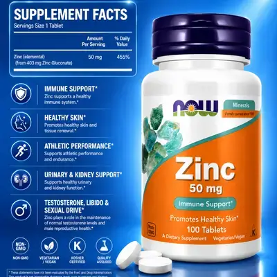 NOW Foods Supplements, Zinc, (zinc Gluconate) 50 mg, Supports Enzyme Functions*, Immune Support*, 100 Tablets zinc