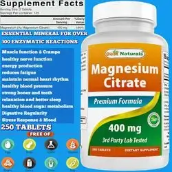 Magnesium Citrate, High Elemental Magnesium 400mg, Digestive Health & Regularity, electrolyte balance, Stress & Relaxation, sleep, Muscle & Nerves & Bones, Arteries, Constipation, 250 Tablets Magnesium Citrate