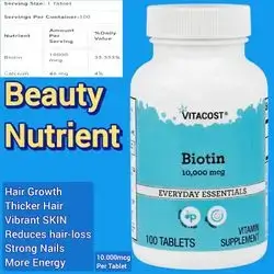 Biotin 10000mcg, Vitamin B7, Biotin, Supports Hair, Skin, Nails, Keratin Production, converts food to Energy, 100 Tablets Biotin