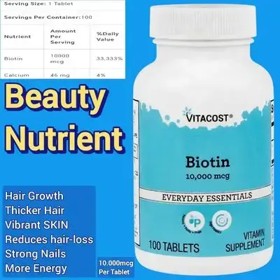 Biotin 10000mcg, Vitamin B7, Biotin, Supports Hair, Skin, Nails, Keratin Production, converts food to Energy, 100 Tablets Biotin 