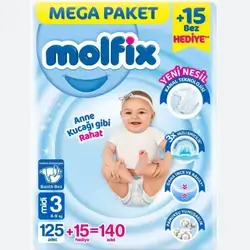 حفاضات مولفيكس للأطفال، 3 مقاسات متوسطة، 4-9 كجم، عبوة من 140 قطعة، عبوة كبيرة//Molfix Bebek Bezi 3 Beden Midi 4-9 Kg 140