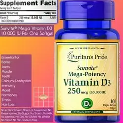 Vitamin D3 10000, 250 mcg (10,000 IU), Vitamin D, Mega Potency, D3 10000, one per day, 100 Softgels vitamin D