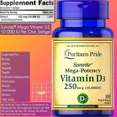 Vitamin D3 10000, 250 mcg (10,000 IU), Vitamin D, Mega Potency, D3 10000, one per day, 100 Softgels vitamin D