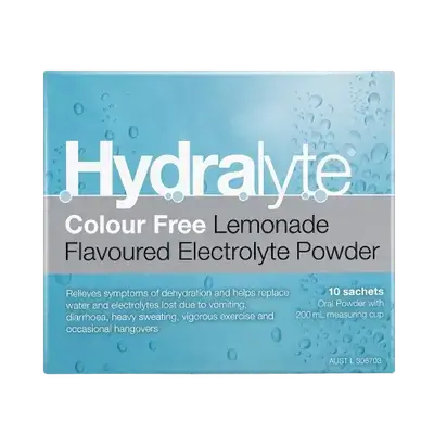 Colour Free Lemonade Flavoured Effervescent Electrolyte 10 Sachets _ Hydralyte