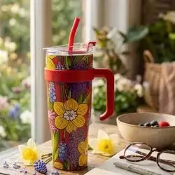 staninless steel floral tumbler with handle