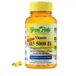 Greenfield Nutritions Halal Vitamin D - Halal Vitamin D3 5000 IU Softgel (125 mcg)//فيتامين د3 الحلال 5000 وحدة دولية - 120 كبسولة - جيلاتين لحم البقر الحلال